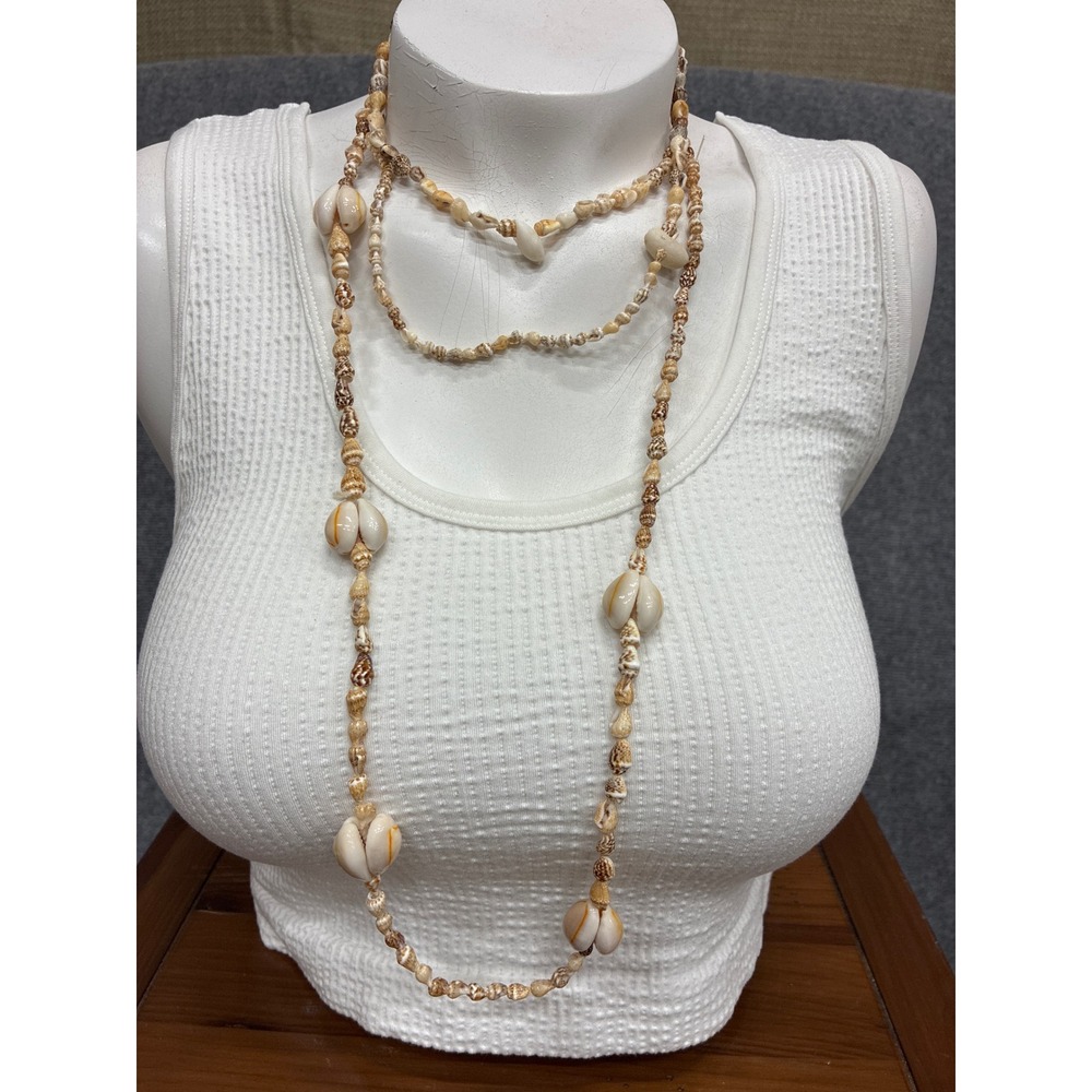 Vintage Long Puka and Cowrie Shell Necklace Handmade Boho Beach Coastal 52 Inch